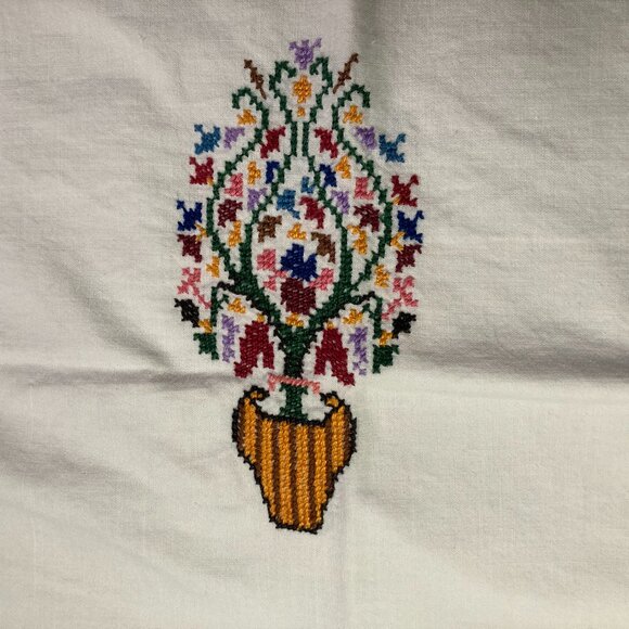 Vintage Hand-Embroidered Pillowcase Set – Floral Basket Design - Picture 6 of 8